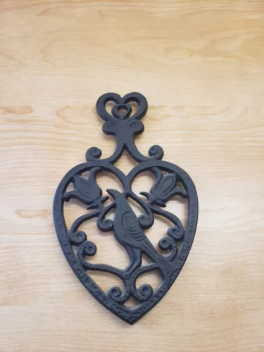 Vintage Distelfink Trivet Black Cast Iron Bird Heart Tulips  8"x5"