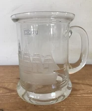 Vintage Handmade Toscany Romanian Glass Crystal Big Sailing Ship Etched Beer Mug