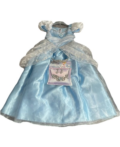 NEW!!!Disney Store Cinderella Dress Costume Princess Size7/8 +Jewerly Set/Crown