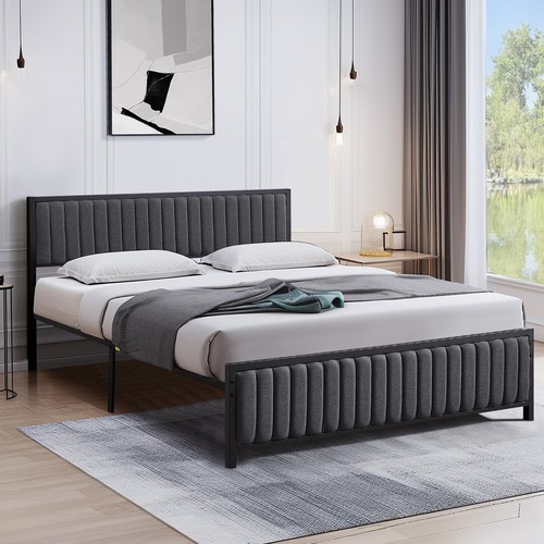 Upholstered Bed Frame Twin Full Queen Size Metal Slats Platform with Headboard - Picture 28 of 33