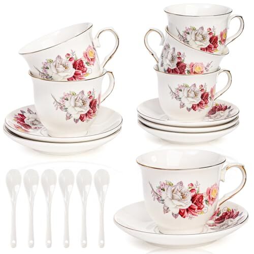 18 Pack Tea Cups and Saucers, Floral Tea Cups Set of 6, Porcelain Tea Set - Picture 2 of 8