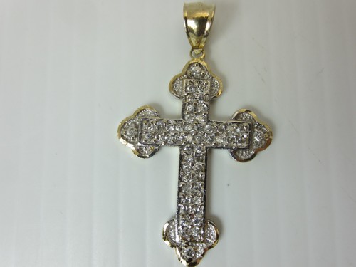 10k Yellow and White Gold CZ Cross Pendant Christian Cubic Zirconia - Picture 1 of 8