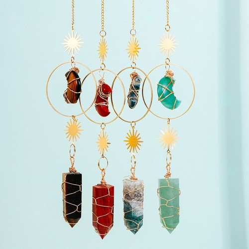 Natural Crystal Point Wire Wrapped Wind Chime Moon Sun Catchers Colgante - Imagen 7 de 21
