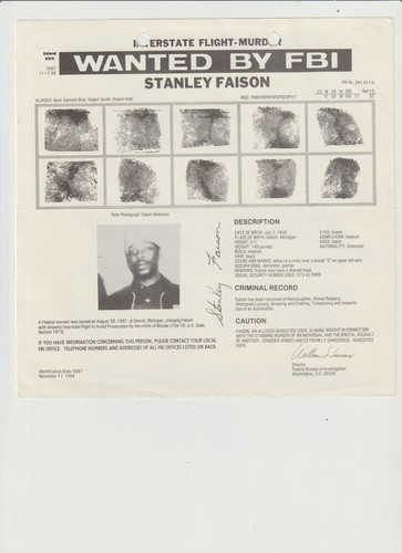 FBI WANTED POSTER STANLEY FAISON-INTERSTATE FLIGHT-MURDER - Picture 1 of 2