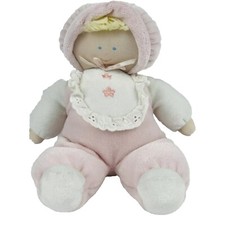 Vintage Eden Blonde Baby Doll Plush Lace Bib Pink Soft Doll Toy 9"