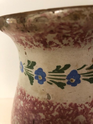 Early Terra Cotta Jug ~Unusual Pink Sponge Decoration w/Handpainted Flowers~PO79 - Picture 2 of 11