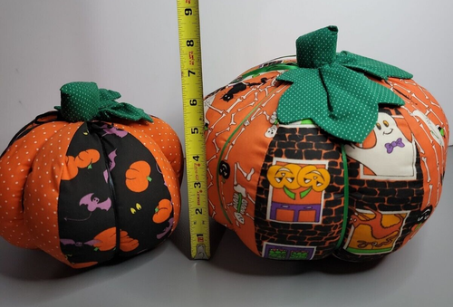 Halloween Fall Decor Pumpkin w/ green stems 2 Vtg Handmade Plush Stuffed Orange - Picture 10 of 10