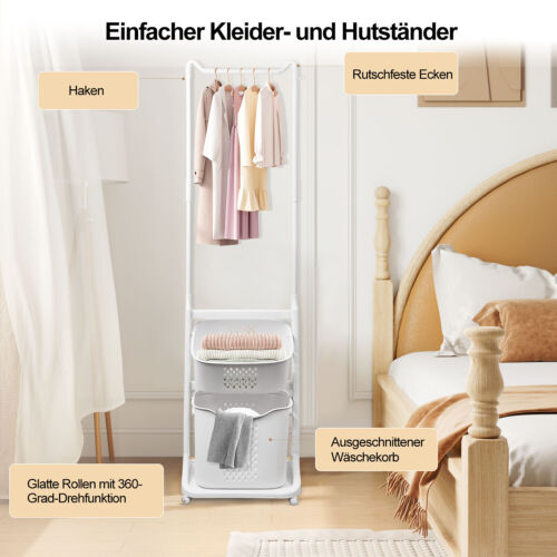 Wäschebox uf Rollen Wäschekorb 2 Fächer mit Kleiderständer,Plastik Wäschesammler - Bild 3 von 9