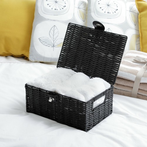 Hamper Storage Basket Black Small Resin Woven Box With Lid & Lock - Picture 2 of 6