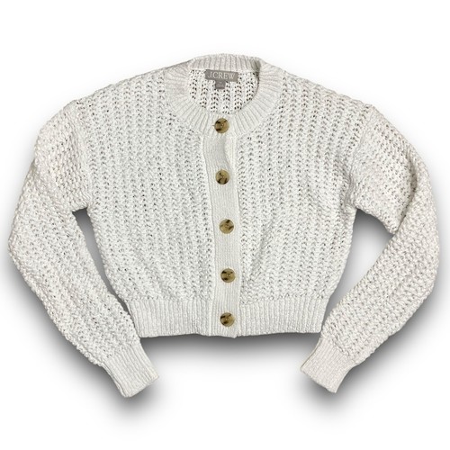 J Crew Sweater WMNS XS White Cropped Cardigan Textured Pointelle Knit Beachy