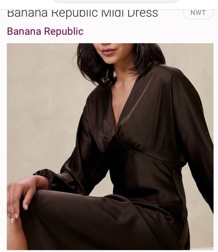 BANANA REPUBLIC Size 8 BROWN SATIN DRESS BLOUSSANT SLEEVE MIDI NWT $128. - Picture 2 of 8