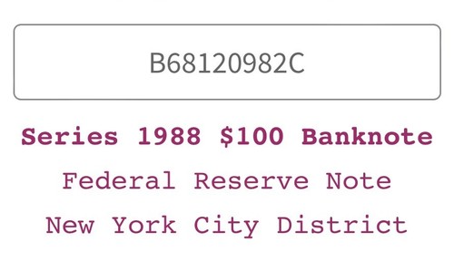 1988 $100 Dollar Bill Federal Reserve New York Serial # B68120982C Small Head - Picture 5 of 5