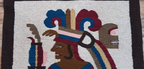 Tappeto vintage messicano lana tessuto arazzo da parete figura azteca maya frangia 29" x 39" - Foto 13 di 18