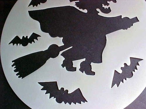 Vintage Halloween Hexe auf Besen Schablone Dekoration Trick Leckerli Süßigkeiten Tasche - Bild 9 von 24