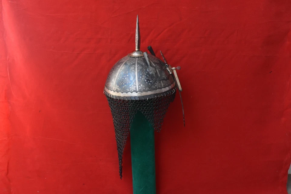 Casco estilo vintage mogol islámico otomano coránico plata damascena Khula Khud Foto 2 de 4