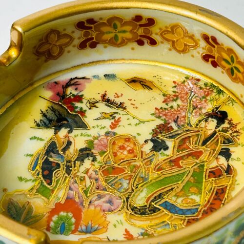 Juego de 2 Ceniceros Satsuma Vintage Geisha Chinas Niñas Pájaro Floral Borde Dorado - Imagen 3 de 7