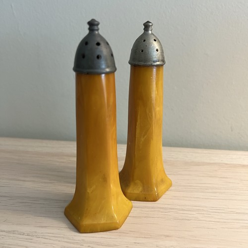 Vintage Bakelite MCM Retro Butterscotch Sterling Silver Salt & Pepper Shakers - Picture 1 of 5