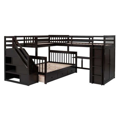 Twin-Twin over Full L-Shaped Bunk Bed Frame W/ 3 Drawers/ Desk/Wardrobe Espresso - Picture 10 of 23