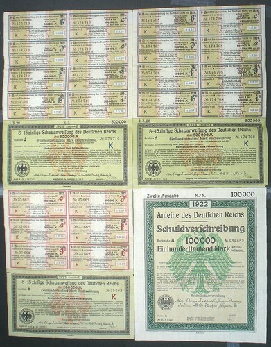 Deutschland 4 8-15% Schatzkredite von 200, + 500000 Mark an Inhaber 1927 unc +Coupons - Bild 1 von 4