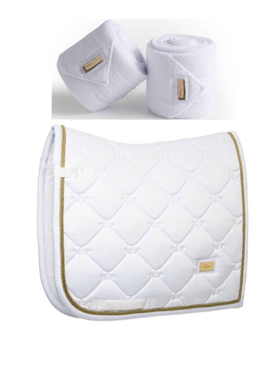 Equitazione Stoccolma dressage sella pad + BENDE BIANCO perfezione oro Completo Equitazione Stoccolma dressage sella pad + BENDE BIANCO perfezione oro Completo