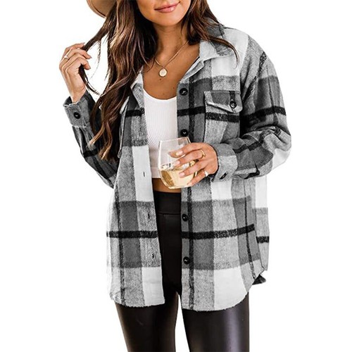 Warm Woolen Jacket Shacket Baggy Tartan Tops Check Fleece Winter Coat for Women - Picture 11 of 17