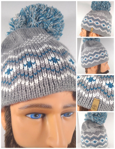 Timberland Unisex Beanie Hat Cap ~ PomPom Torquise Gray Argyle/Diamond One Size - Picture 2 of 9