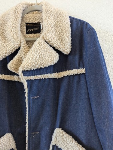 Vintage JCPenny Lrg Marlboro Man Denim Sherpa Lined Pile Rancher Jacket Coat - Picture 4 of 13