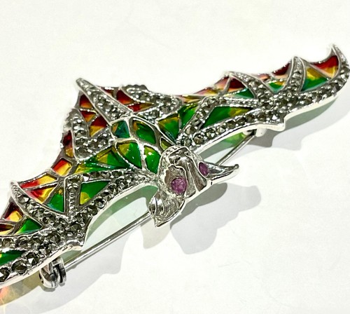 Sterling Silber Plique a Jour Rubin Markasit Vampir Fledermaus Statement Brosche 3" Anstecknadel - Bild 7 von 7