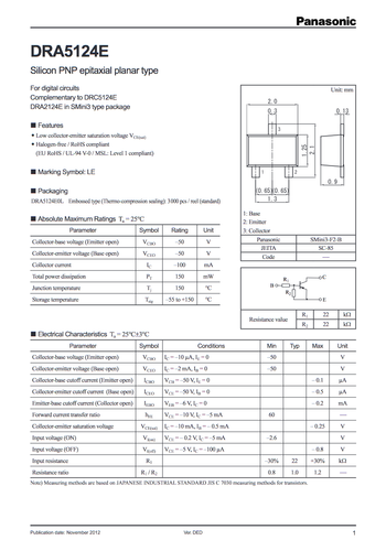 100mA 50V PNP 22kΩ 1:1 Resistor Equipped Digital Transistor DRA5124E0L SOT323 - Picture 2 of 4