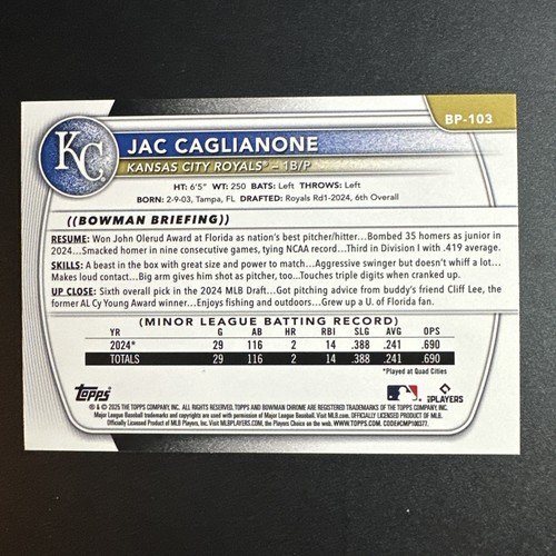 2025 Bowman Baseball Jac Caglianone Purple Bandana /199 #BP-103 Royals - Bild 2 von 2