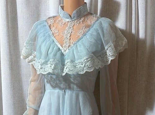 Vintage 70s Dress Victorian Prairie Blue Chiffon Romantic Womens Size 28w Gown - Picture 5 of 8