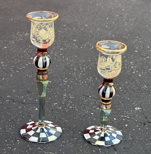Mackenzie-Childs abgestuft groß blühend konisch Glas Gold Kerzenständer - 2er Set
