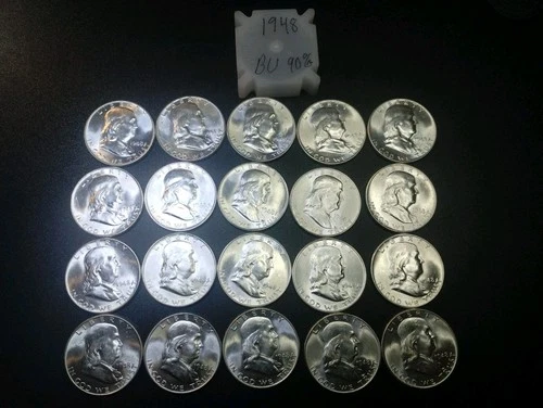 1948 Franklin Half Dollar BU 90%  Fine Silver. 20 Coin Roll.