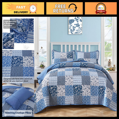 Boho Blue King Quilt Set - 3 Piece Plaid Floral Bedspread, Reversible Coverlet 9