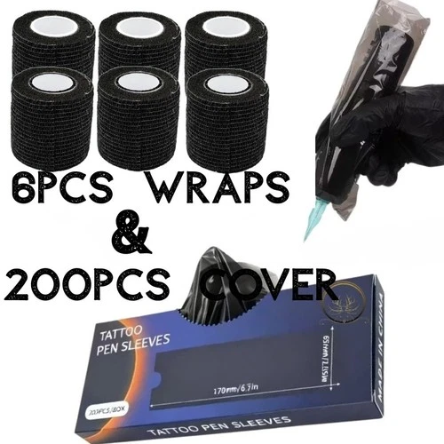 200PCS Tattoo Pen Cover Sleeves 2.5inch X 6.7inch & 6 PCS Sensi Wraps - product listing photo