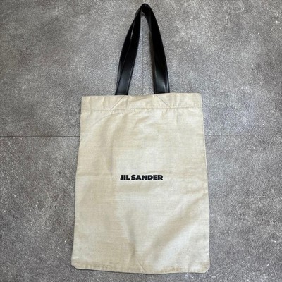 Jil Sander Canvas Tote Bag Beige Black Leather Handle Used