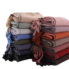 Women Cotton Blend Hijab Scarf Fringed Silver-edged Muslim Headscarves Shawls