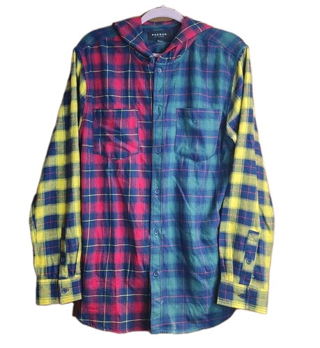 PacSun Colorblock Patchwork Plaid Flannel Hooded Shirt Men’s Size Large  - Picture 1 of 9