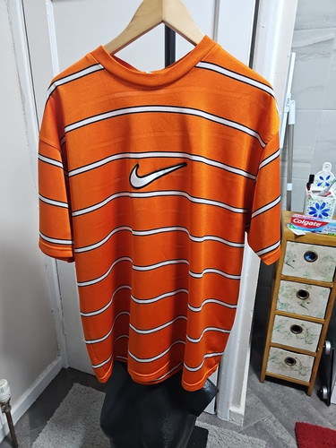 90's NIKE Vintage Big Swoosh Men's Striped Nemo Colorful Orange T-shirt Size XL - Picture 1 of 7