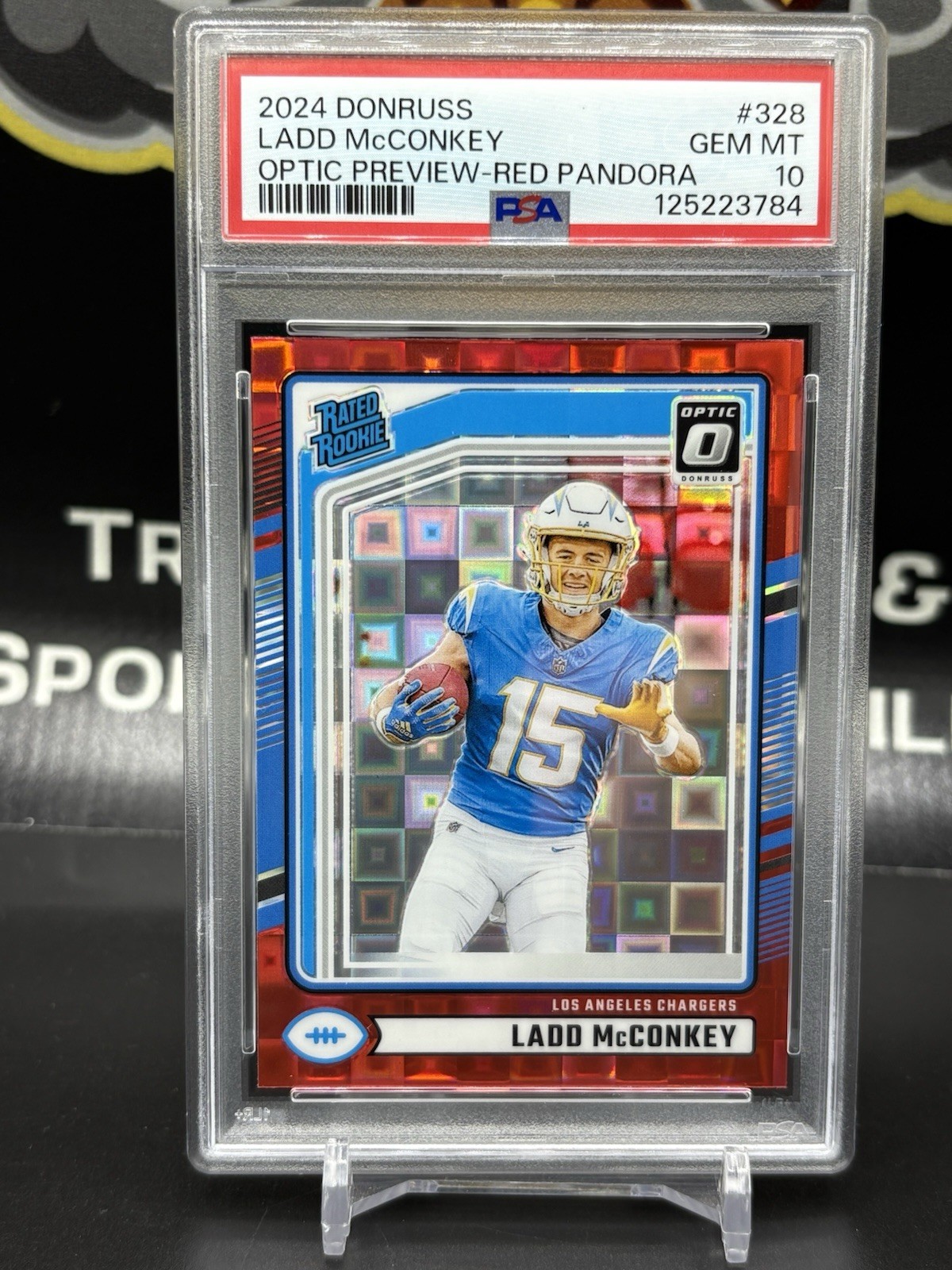 2024 Panini Donruss Ladd McConkey #328 Optic Preview Red Pandora PSA 10