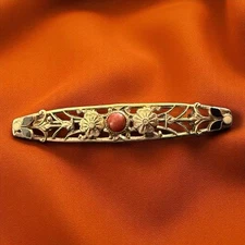 Victorian Revival Brooch Floral Filigree Bar Pin Coral Glass Cabochon Vintage