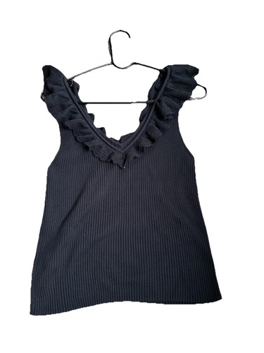 Gap Black Ribbed Knit V-Neck Tank Top Ruffles  Cami Stretchy Basic Size XL - Picture 2 of 9