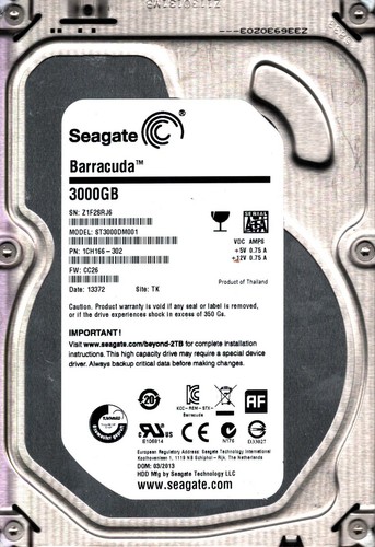 ST3000DM001 P/N: 1CH166-302 F/W: CC26 S/N: Z1F2 TK 3TB MAR 2013 THAILAND SEAGATE - Picture 1 of 2