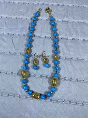 Stauer Italian Blue Grotto Necklace Earrings Set Turquoise Bead Gold Tone