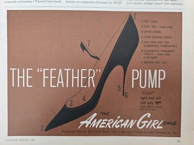 1958 Women's American Girl Feather Pump Flexy Shoes Vintage Fashion Art ad