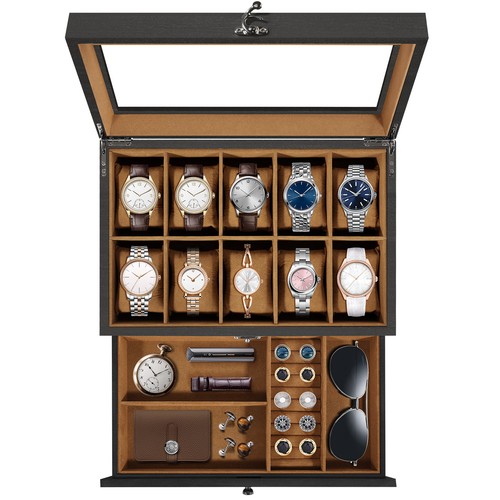 Caja de reloj de 10 ranuras caja de reloj de madera maciza vitrina de almacenamiento de joyas de 2 capas - Imagen 2 de 14