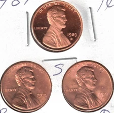 1989-D-P-S Three BU Cent Coins; S is from a Proof Set!