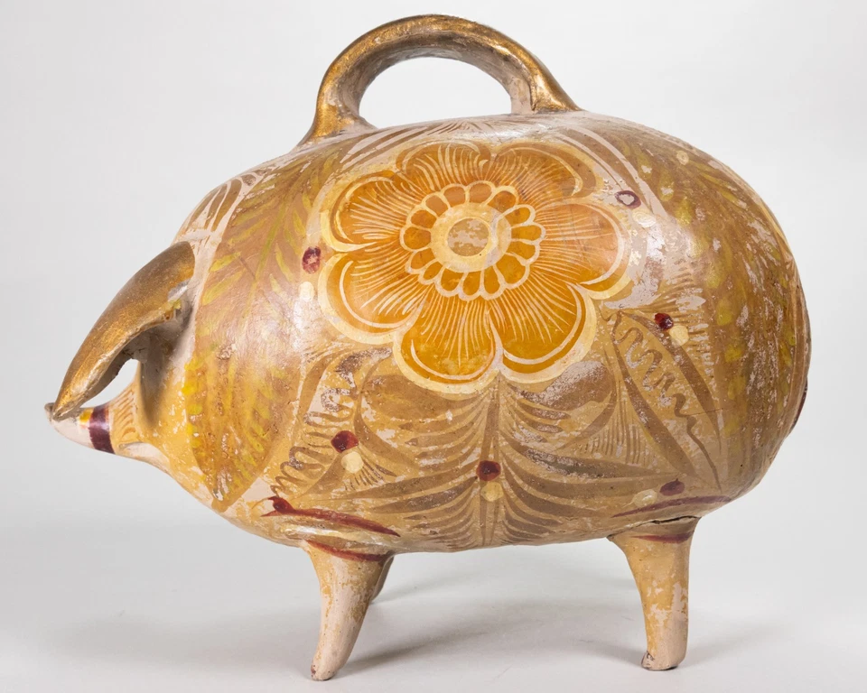 Rare Antique C.1900 Tlaquepaque Mexican Pottery Piggy Bank with Handle - Image 3 of 4