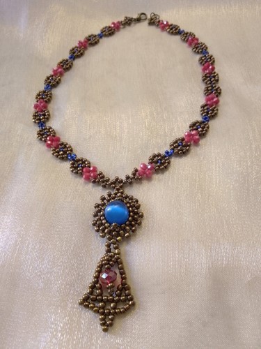 Halskette Vintage Stil Retro Bronze Byzantinisch Stein Katzenauge Blau Natur - Bild 7 von 11