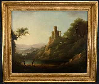 LARGE c1840 ARCADIAN LANDSCAPE FIGURES GOATS ITALIAN SCHOOL ANTIQUE OIL PAINTING